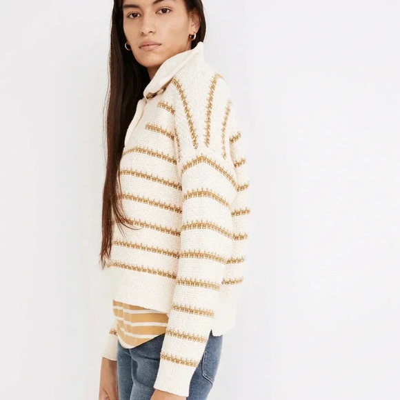 Madewell Sweater Canby Button Mockneck Sweater in Stripe tan size Medium (m) - Picture 2 of 10